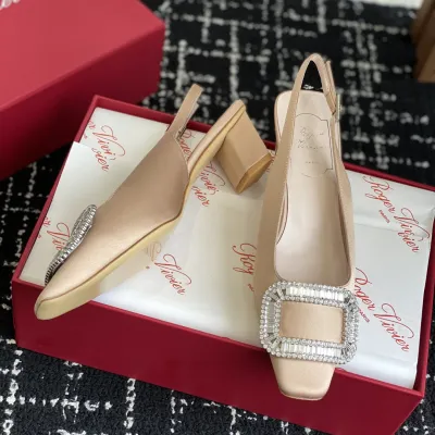 Roger Vivier Belle Viver Slingback Pumps High Heels In Red/Beige Satin With Crystal Buckle (Heel Height 4.5cm)