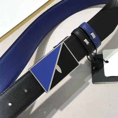 Fendi Men's FF Monster Eyes Reversible Belt In Blue/Black/Yellow Calfskin With Silver Hardware 35mm