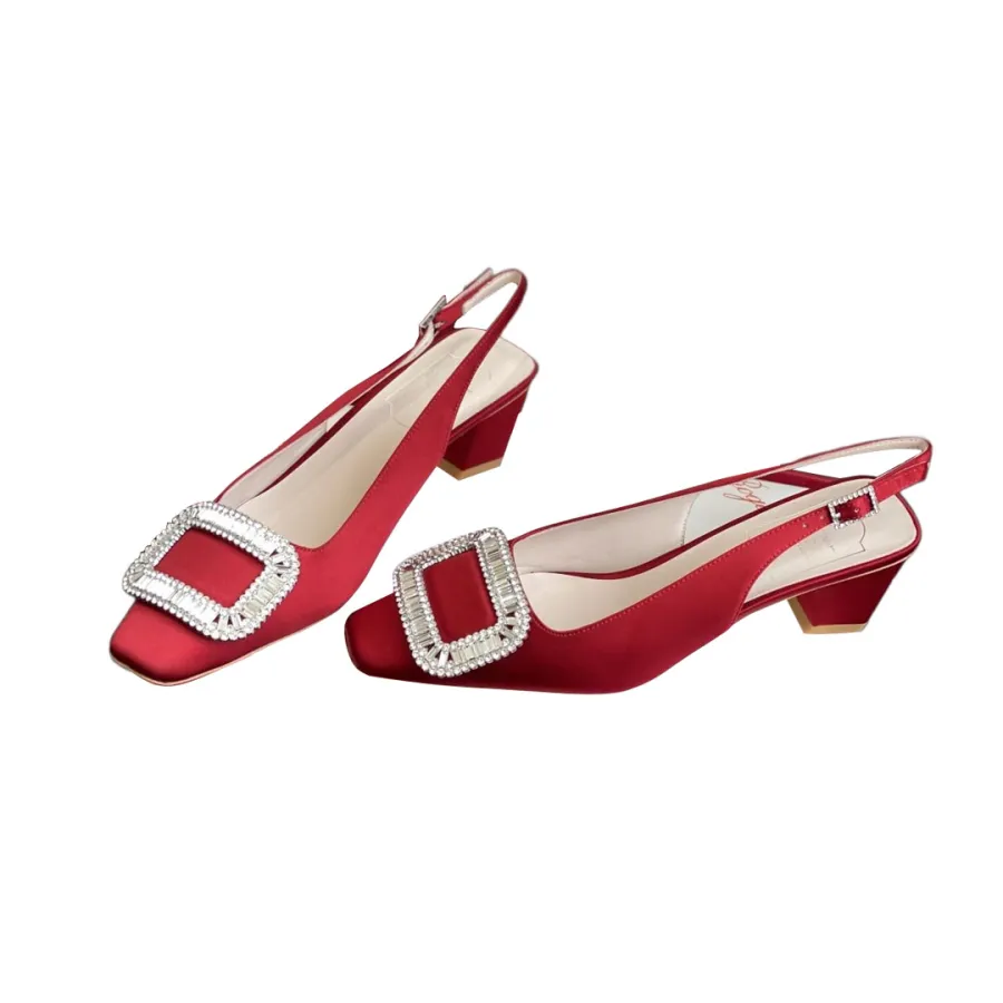 Roger Vivier Belle Viver Slingback Pumps High Heels In Red/Beige Satin With Crystal Buckle (Heel Height 4.5cm)