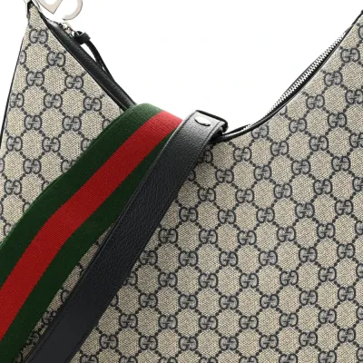 Gucci Large Web Attache Shoulder Bag Beige/Blue GG Supreme Monogram Canvas & Textured Calfskin Leather Silver Hardware