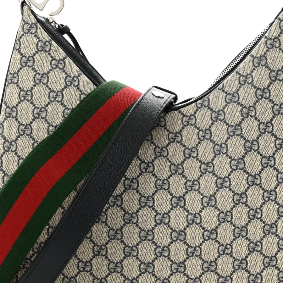 Gucci Large Web Attache Shoulder Bag Beige/Blue GG Supreme Monogram Canvas & Textured Calfskin Leather Silver Hardware