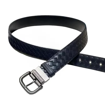 Bottega Veneta Men's Square Buckle Intrecciato Belt In Black/Coffee/Blue/Dark Grey Calfskin With Gun Black Hardware 40mm