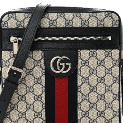 Gucci Small Web Ophidia Messenger Bag Beige/Blue GG Supreme Monogram Canvas & Textured Dollar Calfskin Leather Silver Hardware