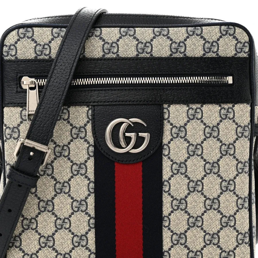 Gucci Small Web Ophidia Messenger Bag Beige/Blue GG Supreme Monogram Canvas & Textured Dollar Calfskin Leather Silver Hardware