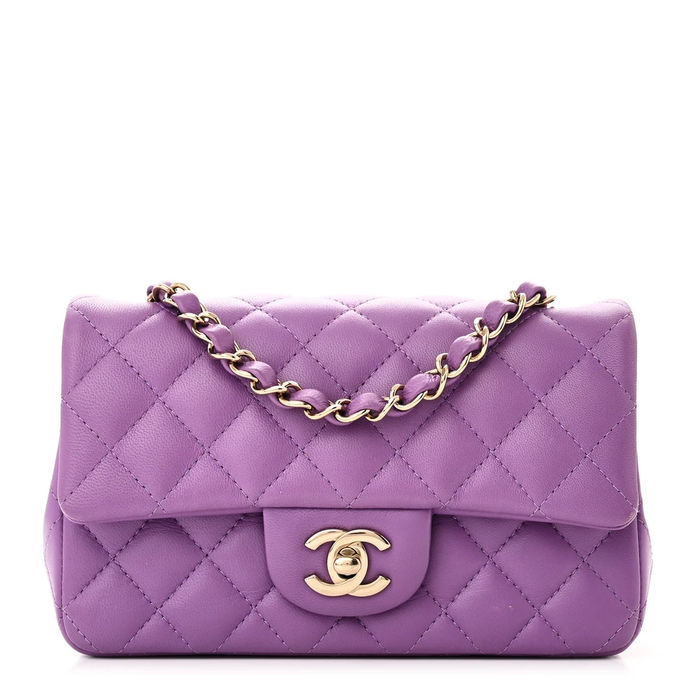 Chanel Flap Mini Retangular Roxo Acolchoado em Pele de Cordeiro com Hardware Dourado Claro