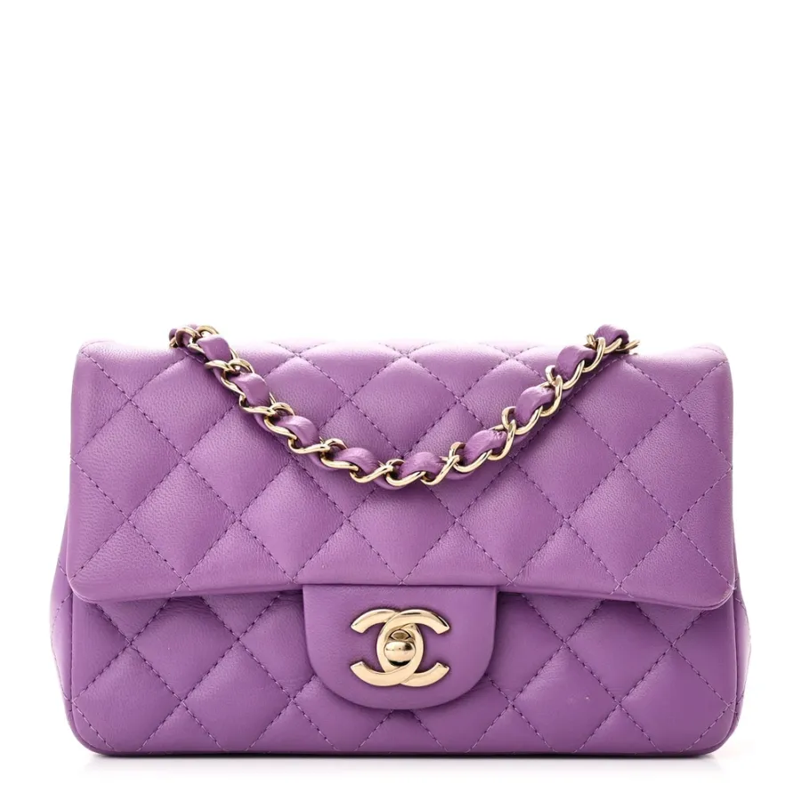Chanel Flap Mini Rectangular Purple Quilted Lambskin Leather Light Gold Hardware