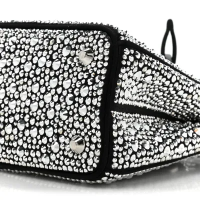 Prada Mini Galleria Double Zip Tote Black Metal Satin & Crystal Silver Hardware