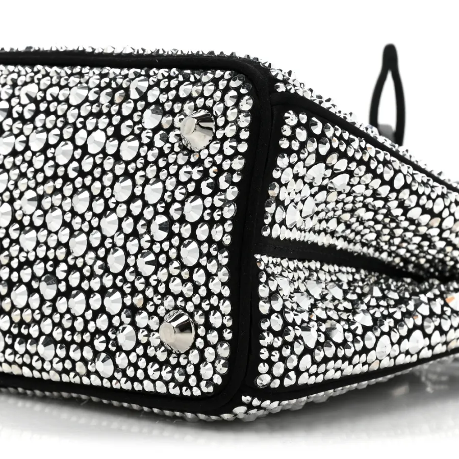 Prada Mini Galleria Double Zip Tote Black Metal Satin & Crystal Silver Hardware