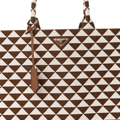 Prada Large Triangolo Symbole Embroidered Tote Tobacco/Talco Jacquard Saffiano Leather