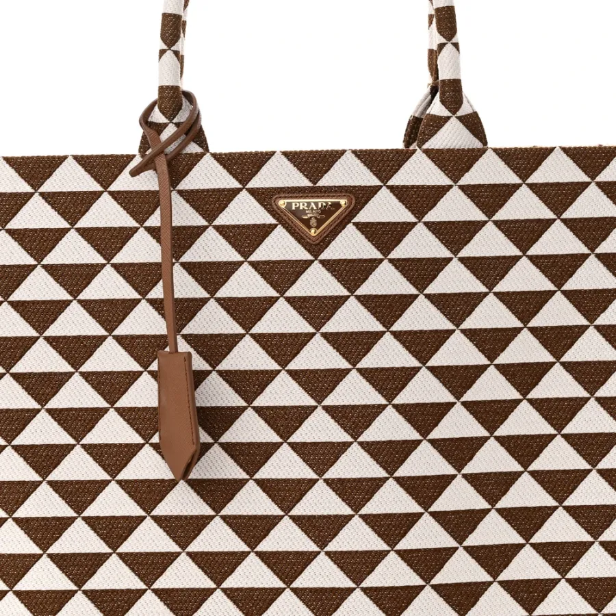 Prada Large Triangolo Symbole Embroidered Tote Tobacco/Talco Jacquard Saffiano Leather