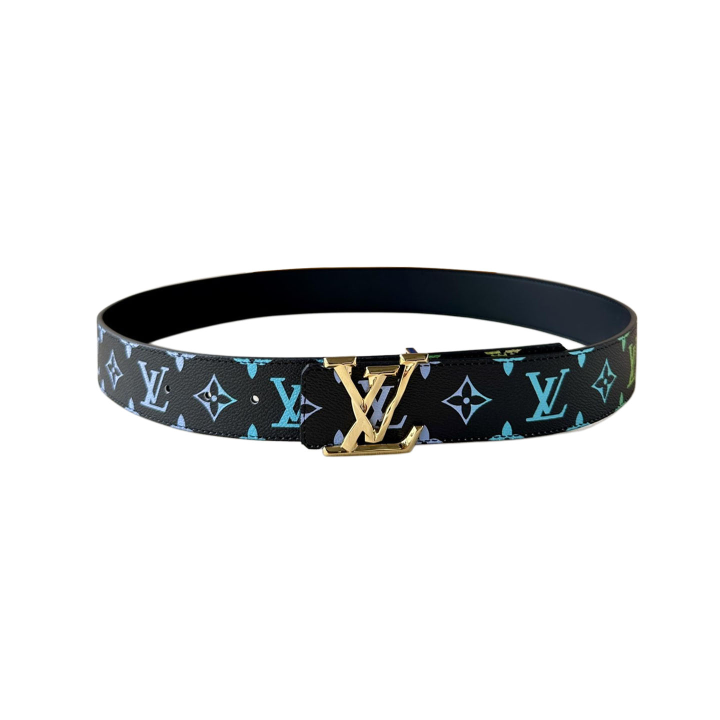 Cinto Masculino Initiales da Louis Vuitton em Preto/Azul/Branco/Azul Escuro em Canvas Monograma com Ferragens em Ouro/Prata/Gun Black 40mm