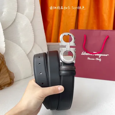 Ferragamo Men's Double Gancini Buckle Reversible Belt In Black/Coffee Smooth Calfskin With Gold/Silver/Black/Gun Black Hardware 35mm