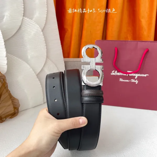 Ferragamo Men's Double Gancini Buckle Reversible Belt In Black/Coffee Smooth Calfskin With Gold/Silver/Black/Gun Black Hardware 35mm - Image 8