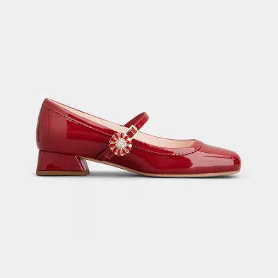 Roger Vivier Très Vivier Dasiy Mary Janes In Red Patent Leather With Flower Metal Buckle (Heel Height 2.5cm)