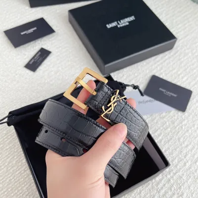 Saint Laurent Cassandre Belt In Black Crocodile-Embossed Calfskin With Gold/Silver/Black Hardware 30mm