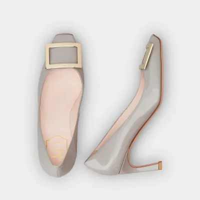 Roger Vivier Trompette Pumps High Heels In Grey Patent Leather With Metal Buckle (Heel Height 7cm)