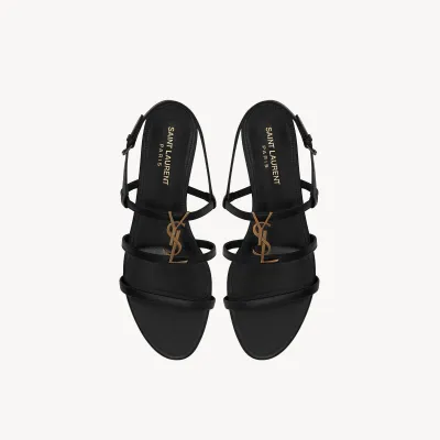Yves Saint Laurent Gold lettering logo black smooth leather Sandal