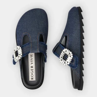 Roger Vivier Slidy Viv' Mules Birkenstocks In Blue Denim With Crystal Buckle