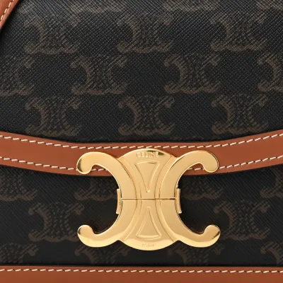 Celine Small Teen Triomphe Bag Tan Calfskin Leather & Triomphe Canvas Gold Hardware