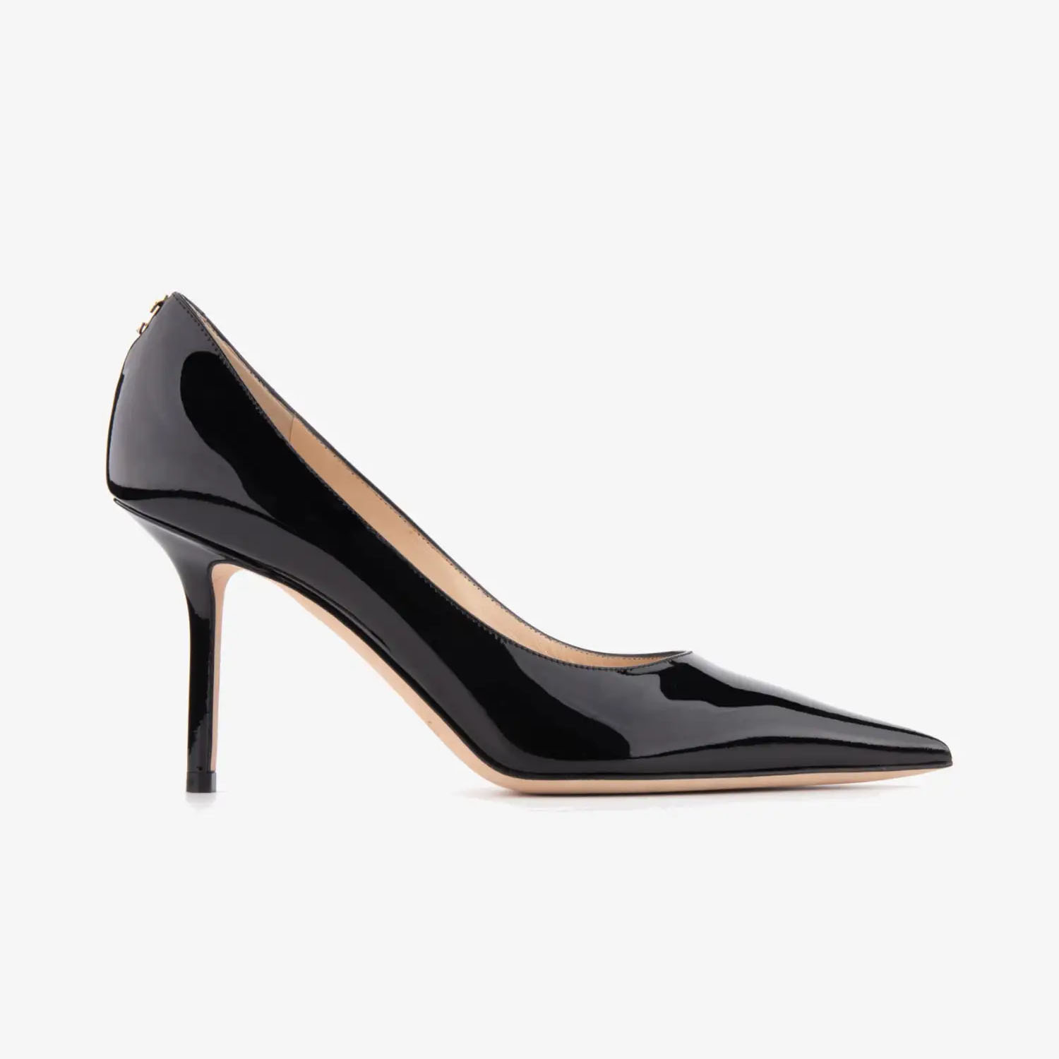 JIMMY CHOO JC badge embellishes salto alto de couro verniz preto