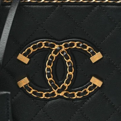 Chanel CC Filigree Vanity Case Small Black Quilted Goatskin Leather Gold Hardware
