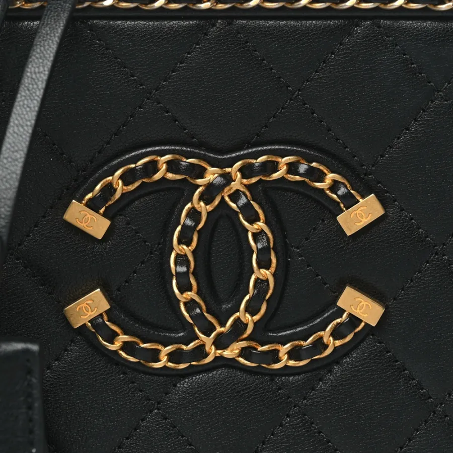 Chanel CC Filigree Vanity Case Small Black Quilted Goatskin Leather Gold Hardware