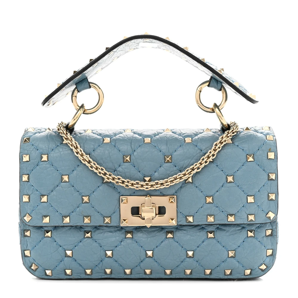 Bolsa de Ombro Valentino Garavani Small Rockstud Spike Aqua em Couro Nappa com Hardware Light Gold