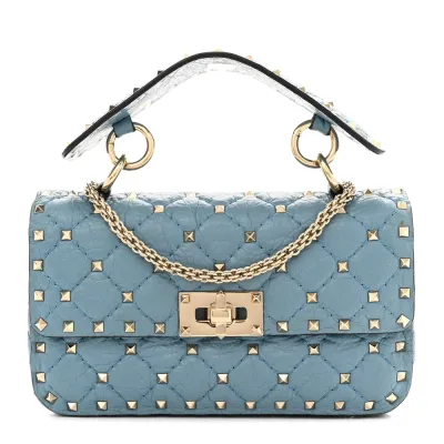 Valentino Garavani Small Rockstud Spike Shoulder Bag Aqua Nappa Leather Light Gold Hardware