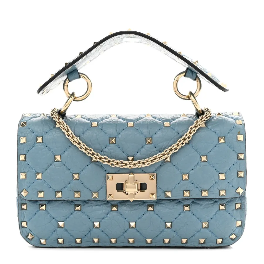 Valentino Garavani Small Rockstud Spike Shoulder Bag Aqua Nappa Leather Light Gold Hardware