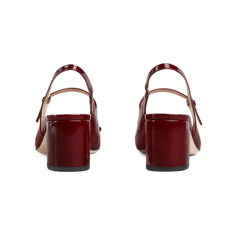 Gucci red patent leather Square toed, thick heeled, horseneck buckle, shallow high-heeled shoes