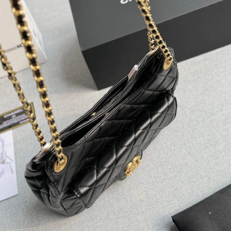 Chanel Black / White Quilted  Caviar Leather / Quilted Lambskin Leather Crossbody Bags