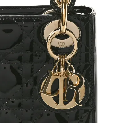 Dior Mini Lady Dior Black Patent Cannage Calfskin Leather Gold Hardware