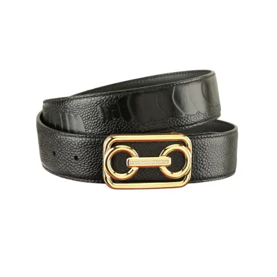 Ferragamo Men's Horsebit Buckle With Crystal Belt In Black Calfskin With Gold/Silver Hardware 38mm