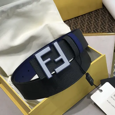 Fendi Men's Rounded FF Reversible Belt In Black/Yellow/Grey/Blue Calfskin With Silver Hardware 38MM