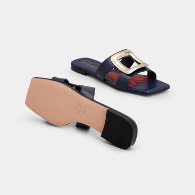 Roger Vivier Viv' By The Sea Mules Flats In Navy Blue Leather With Metal Buckle
