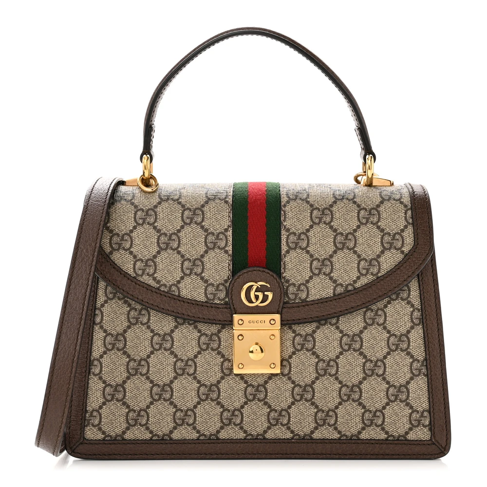 Gucci Bolsa Pequena Web Ophidia Cadeado com Alça Superior Bege / Ébano / New Acero GG Supreme Monograma em Canvas & Couro Bezerro Texturizado Dollar Hardware Envelhecido Ouro
