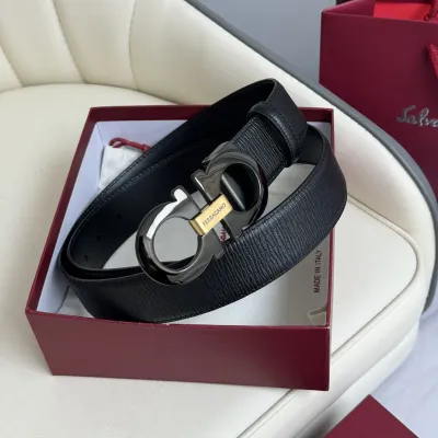 Ferragamo Men's Double Gancini Buckle Reversible Belt In Black Calfskin With Gold/Silver/Black Hardware 35mm