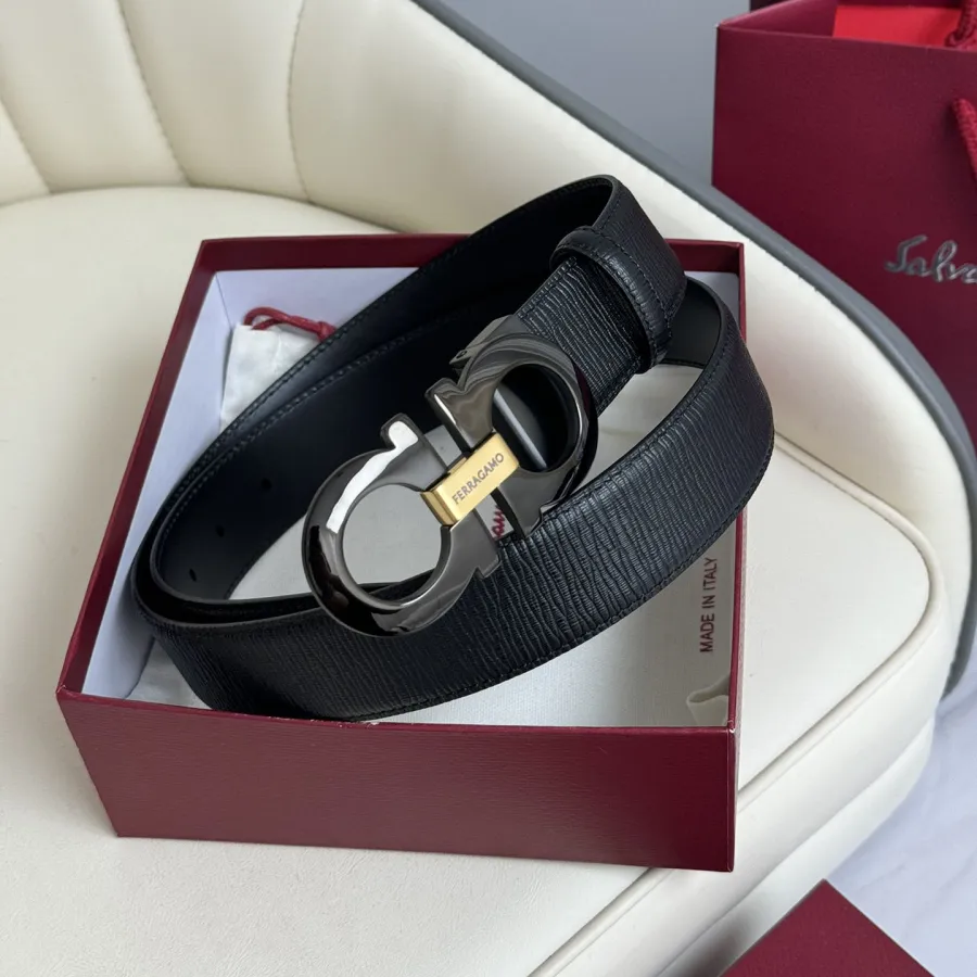 Ferragamo Men's Double Gancini Buckle Reversible Belt In Black Calfskin With Gold/Silver/Black Hardware 35mm