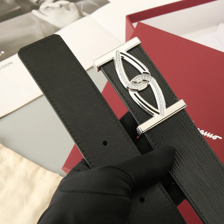 Ferragamo Men's Square Buckle With Crystal Belt In Black Calfskin With Gold/Silver Hardware 38mm