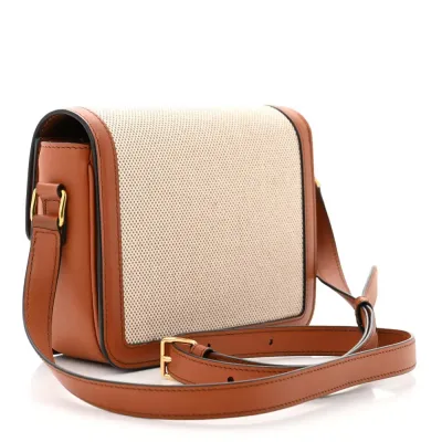 Celine Small Teen Triomphe Bag White/Tan Textile & Natural Calfskin Leather Gold Hardware