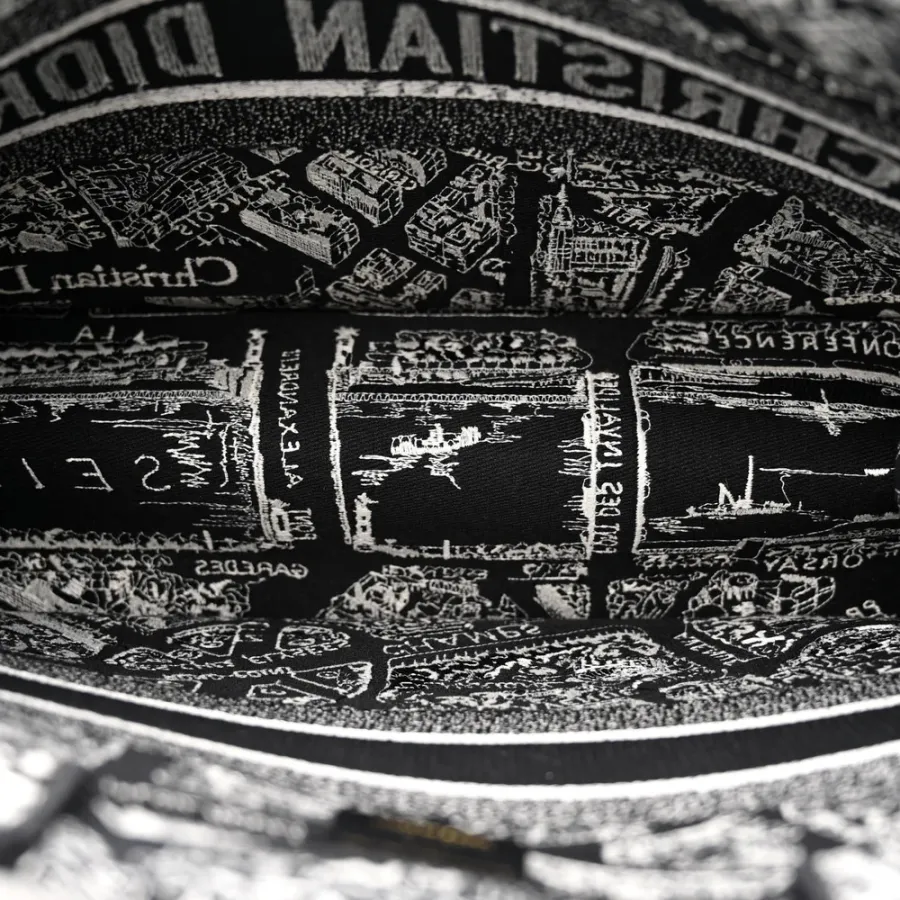 Dior Medium Plan De Paris Book Tote Black/White Embroidered Canvas