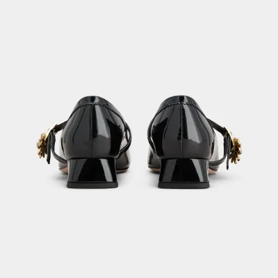 Roger Vivier Très Vivier Dasiy Mary Janes In Black Patent Leather With Flower Metal Buckle (Heel Height 2.5cm)