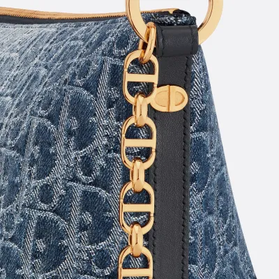 Dior Diorstar Hobo With Chain Denim Blue And White Oblique Canvas Gold Hardware