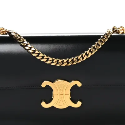 Celine Small Triomphe Chain Shoulder Bag Black Shiny Calfskin Leather Gold Hardware