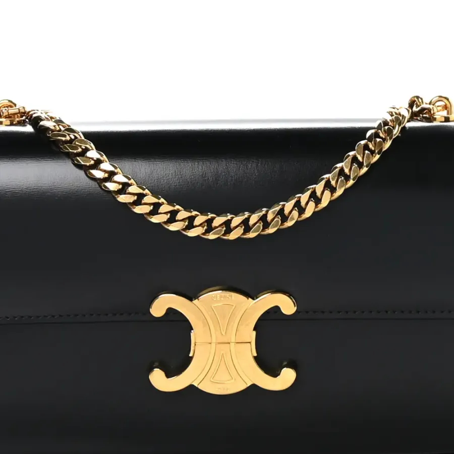Celine Small Triomphe Chain Shoulder Bag Black Shiny Calfskin Leather Gold Hardware
