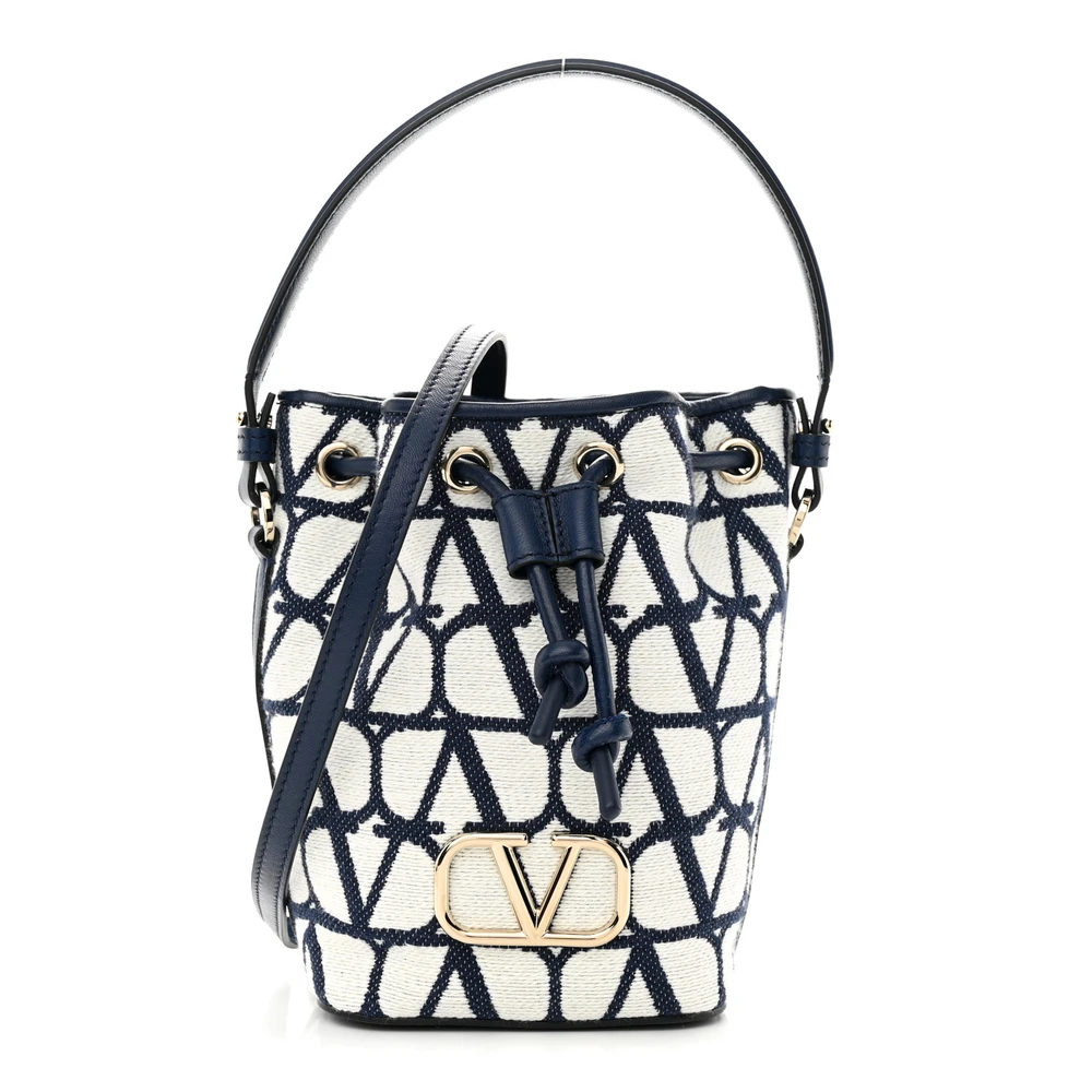Valentino Garavani Mini VLogo Signature Bucket Bag Branco/Toile Iconographe Trabalhado Couro Nappa Hardware Dourado