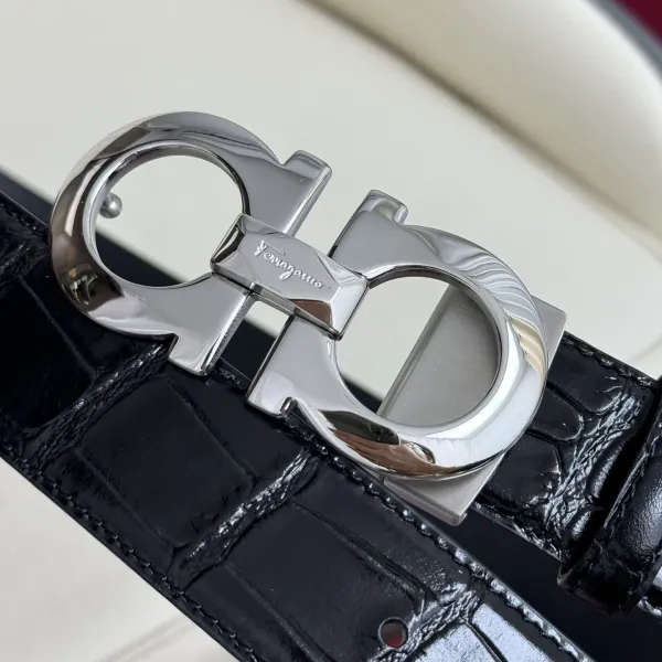 Ferragamo Men's Double Gancini Buckle Reversible Belt In Black Crocodile-Embossed Calfskin With Gold/Silver/Black Hardware 35mm - Image 5