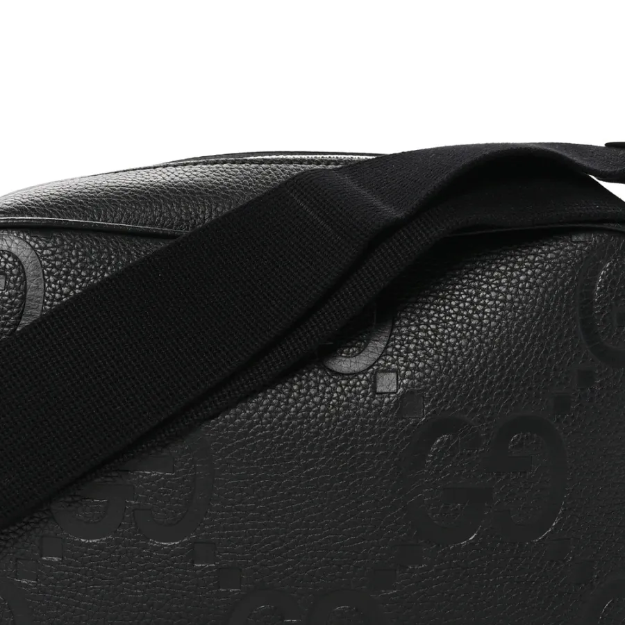 Gucci Medium Jumbo GG Messenger Bag Black Embossed Piuma Calfskin Leather Silver Hardware