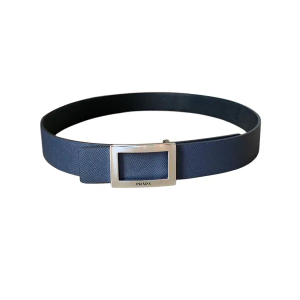 Prada Men' s Square Buckle Reversible Belt In Black/Blue/White Saffiano Calfskin With Gold/Silver Hardware 34mm - Image 5