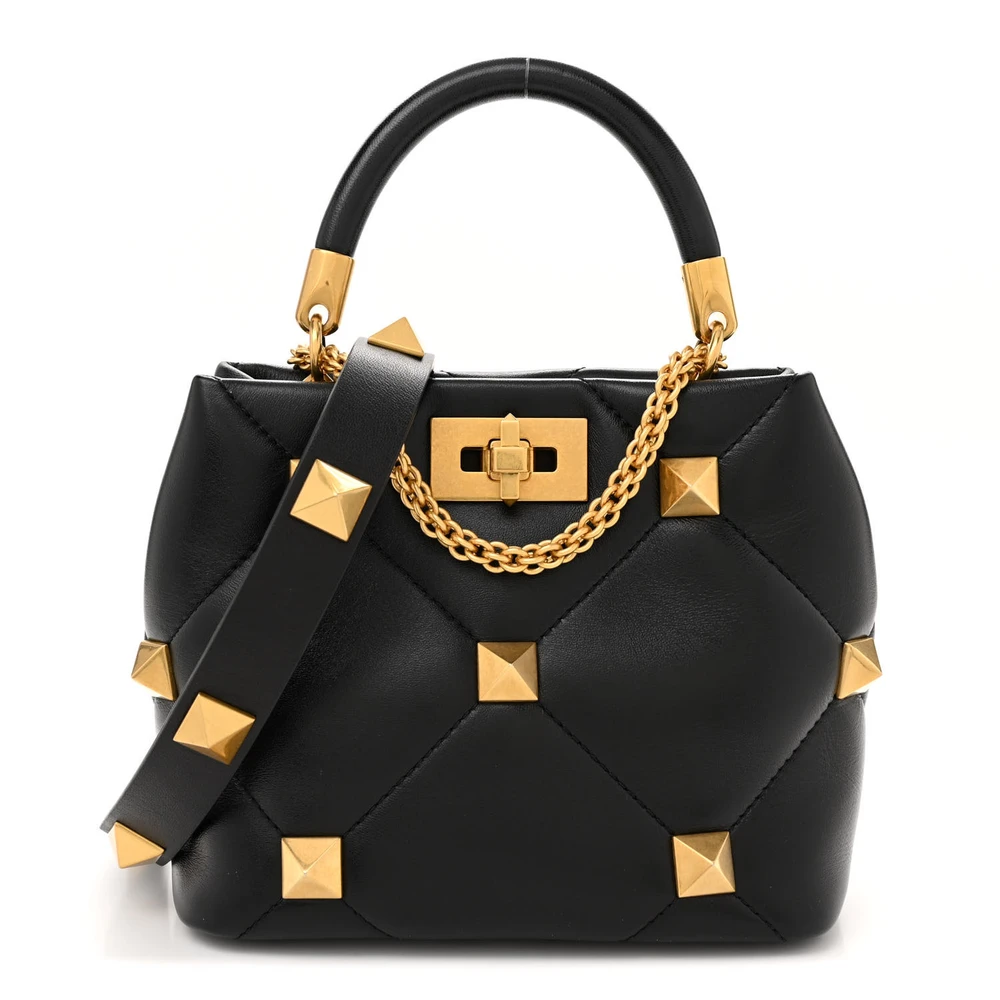 Valentino Garavani Bolsa The Handle Pequena Roman Stud Couro Nappa Preto Hardware Dourado